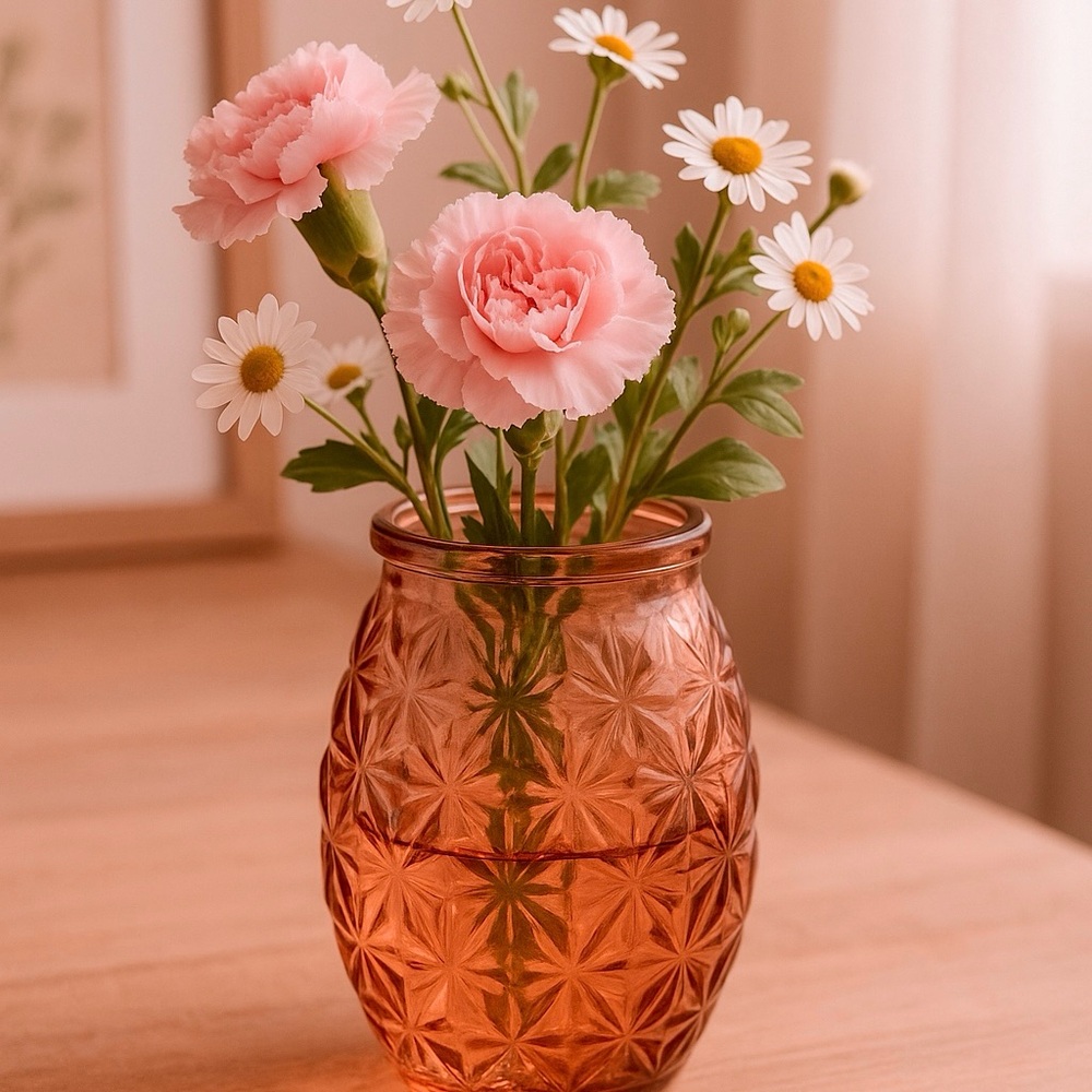 Vintage Polatis Pink Textured Glass Vase – Diamond Starburst Pattern – 5.5”